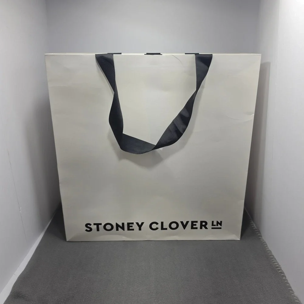 Stoney Clover Lane Large White Paper Shopping Bag Black Ribbon Handles Logo